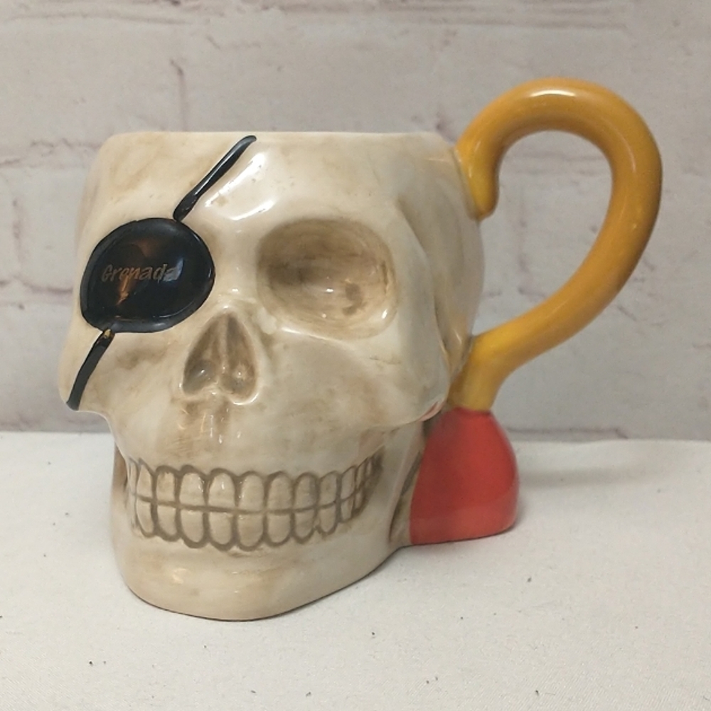 Pirate Stein 3D  Skull Mug Grenada Eye Patch Hook Handled Ceramic Coffee Cup